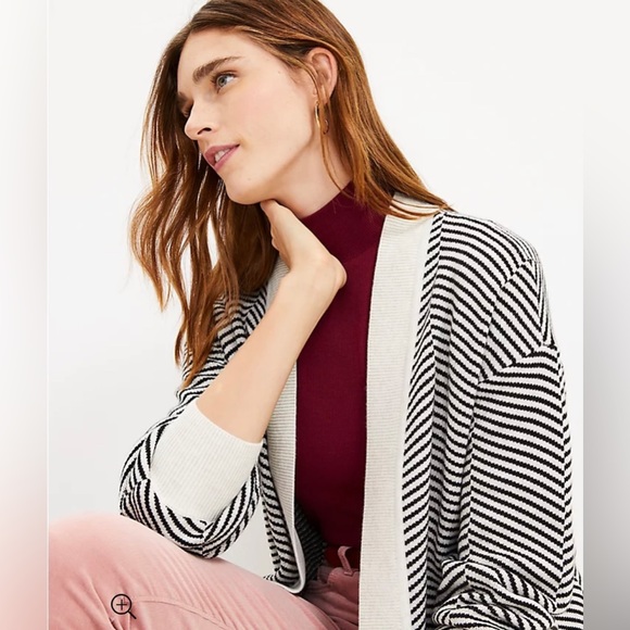 EUC - LOFT Herringbone Open Cardigan Sweater in Medium. Black and creamy white - Picture 2 of 9